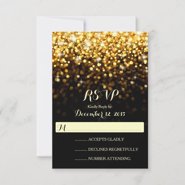 Gold Black Hollywood Glitz Glam Wedding RSVP (Front)