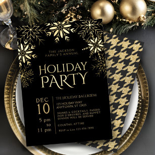 Gold & Black Houndstooth & Snowflakes Holiday Glam Foil Invitation