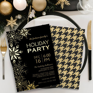 Gold & Black Houndstooth & Snowflakes Holiday Glam Foil Invitation
