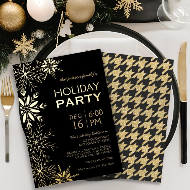 Gold & Black Houndstooth & Snowflakes Holiday Glam Foil Invitation (Creator Uploaded)