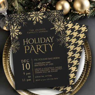 Gold & Black Houndstooth Snowflakes Holiday Glam Invitation