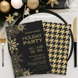 Gold & Black Houndstooth & Snowflakes Holiday Glam Invitation