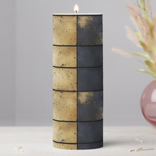 Gold Black Industrial Pattern Pillar Candle (In Situ)