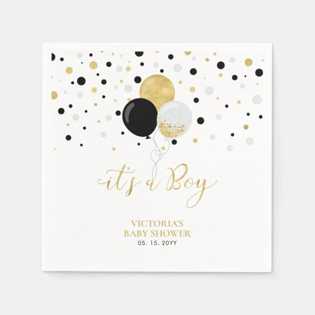 Gold & Black It's a Boy Baby Shower Napkins (Front)
