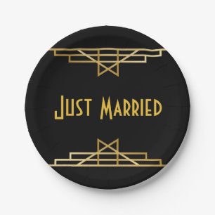 Gold & Black Just Married Art Deco, Gatsby Wedding Paper Plates