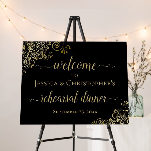 Gold & Black Lacy Wedding Rehearsal Dinner Welcome Foam Board (In Situ (Stand))