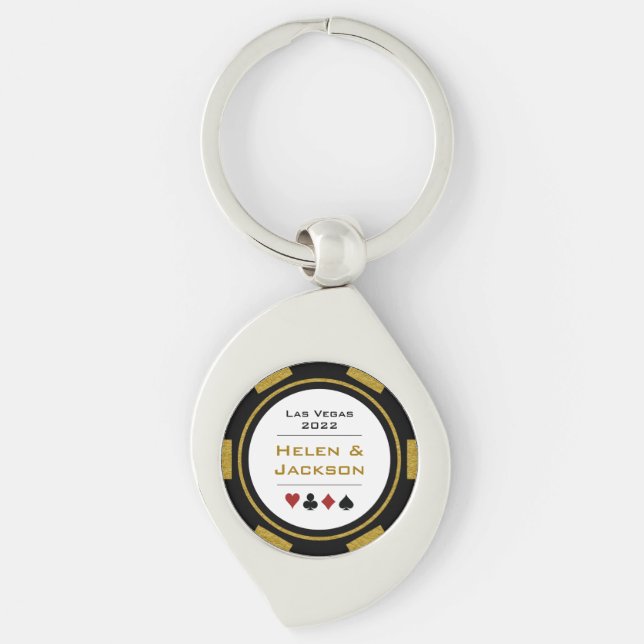 Gold Black Las Vegas Casino Poker Chip Wedding Keychain (Front)