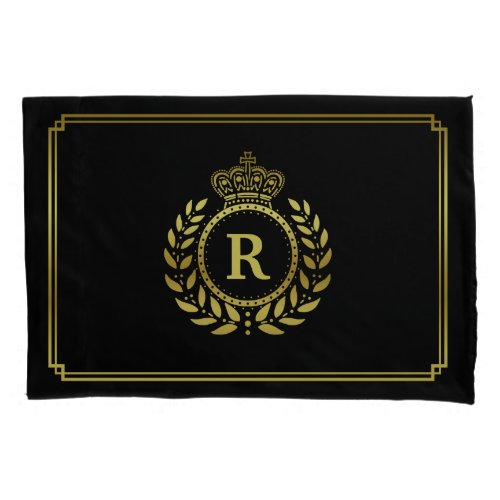 Gold Black Laurel Wreath Crown Monogram Royal Pillow Case