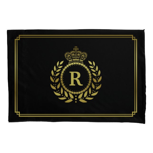 Gold Black Laurel Wreath Crown Monogram Royal Pillow Case (Front)
