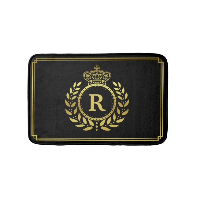 Gold Black Laurel Wreath Crown Royal Monogrammed Bath Mat (Front)