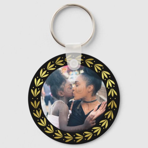 Gold Black Laurel Wreath Custom Family Photo Frame Keychain