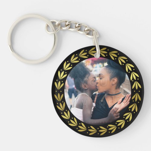 Gold Black Laurel Wreath Custom Family Photo Frame Keychain