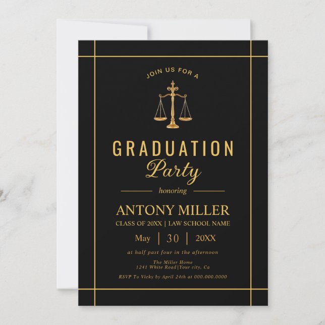 Gold, black law school graduation Class Of 2026  Invitation (Front)