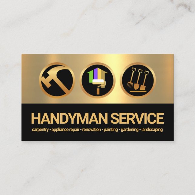 Gold Black Layers Handyman Tools Icons Builder Business Card (Front)