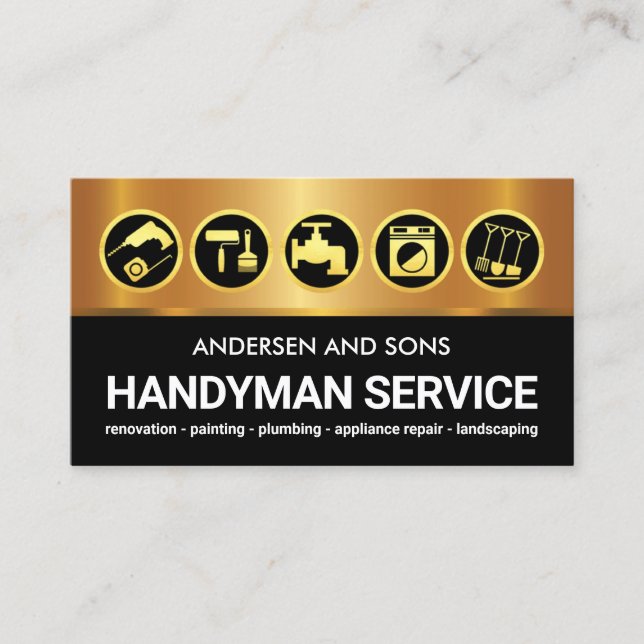 Gold Black Layers Remodeling Icons Business Card (Front)