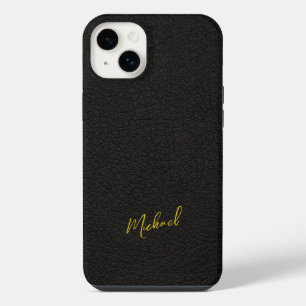 Gold black leather look signature script name iPhone 14 plus case