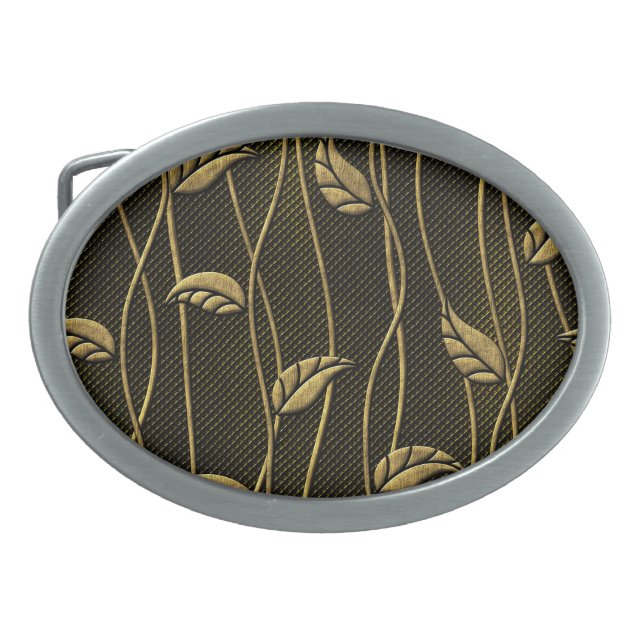 Gold & Black: Leaves 3D Texture. Belt Buckle (Front)
