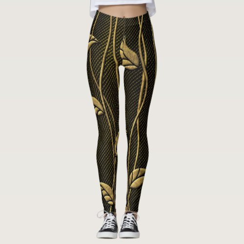 Gold  Black Leaves 3D Texture Leggings