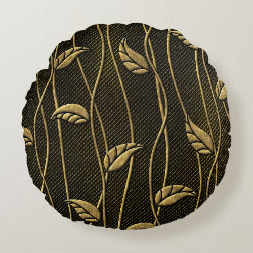 Gold  Black Leaves 3D Texture Round Pillow