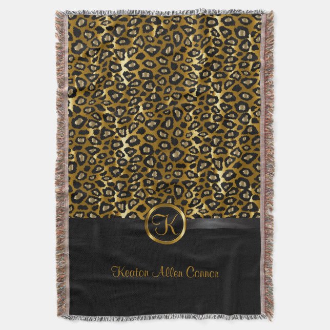 Gold & Black Leopard Animal Pattern Throw Blanket (Front Vertical)