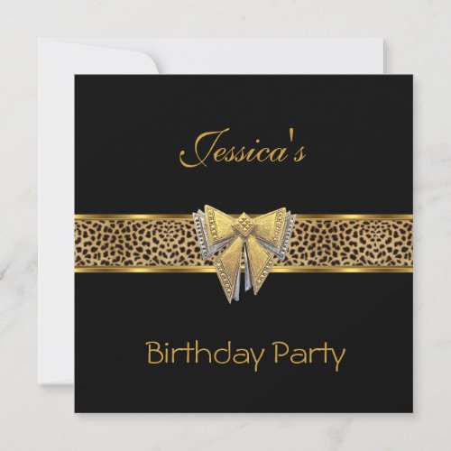 Gold Black Leopard bow Elegant Classy Birthday Invitation
