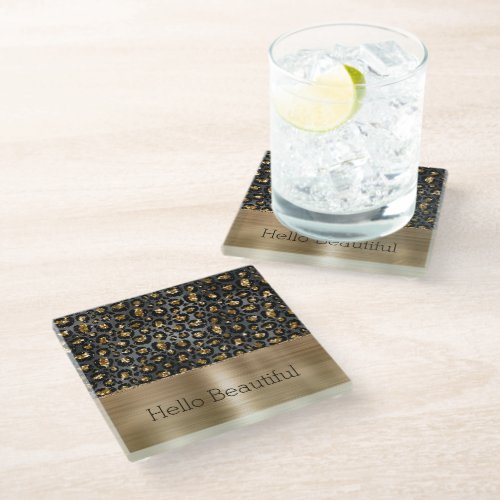 Gold Black Leopard Glitter  Glass Coaster