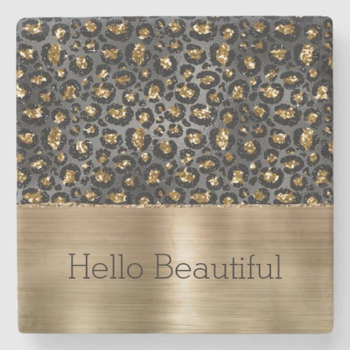 Gold Black Leopard Glitter  Stone Coaster