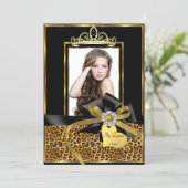 Gold Black Leopard Print & Bow Photo Quinceanera Invitation (Standing Front)