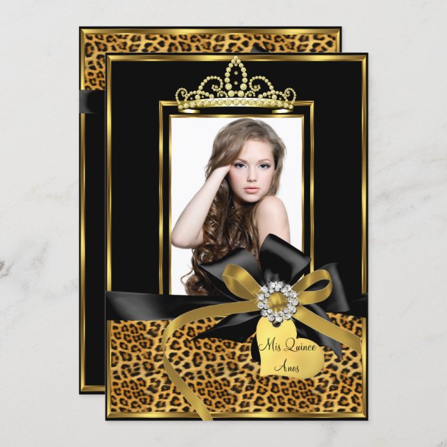 Gold Black Leopard Print & Bow Photo Quinceanera Invitation (Front/Back)