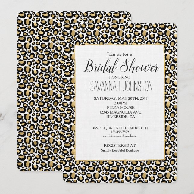 Gold Black Leopard Print Bridal Shower Invitation (Front/Back)