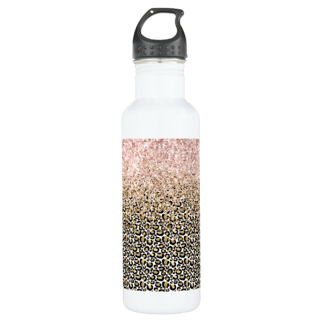 Gold Black Leopard Print Glitz Stainless Steel Water Bottle (Front)