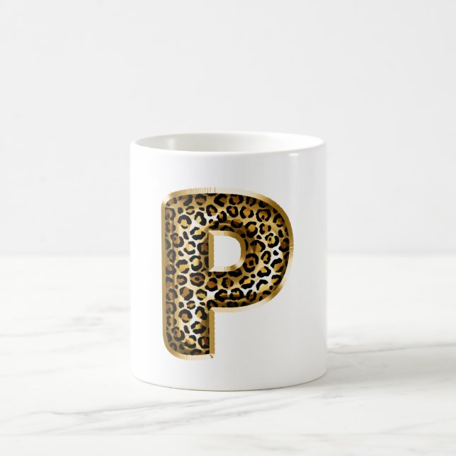Gold Black Leopard Print Letter P Coffee Mug (Center)