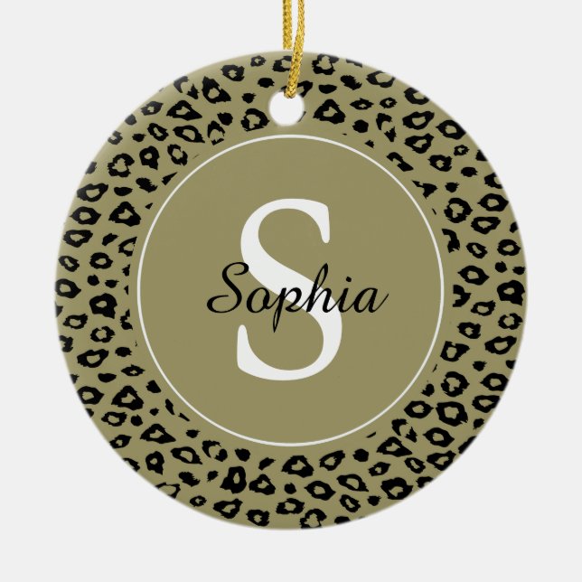 Gold Black Leopard Print Monogram Ceramic Ornament (Front)