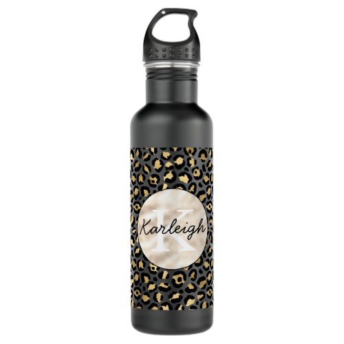 Gold Black Leopard Print Monogram Stainless Steel Water Bottle