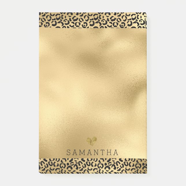 Gold Black Leopard Print Personalized Post-it Notes (Front)