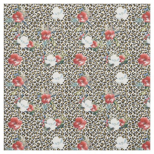 Gold Black Leopard Print Red White Flowers Fabric
