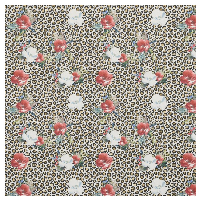 Gold Black Leopard Print Red White Flowers Fabric (Swatch)