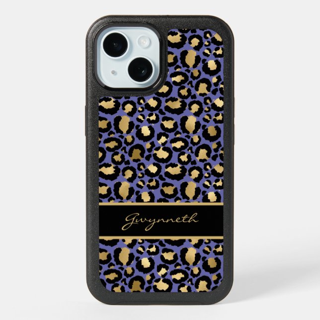 Gold Black Leopard Print with Your Name iPhone 15 Case (Back)