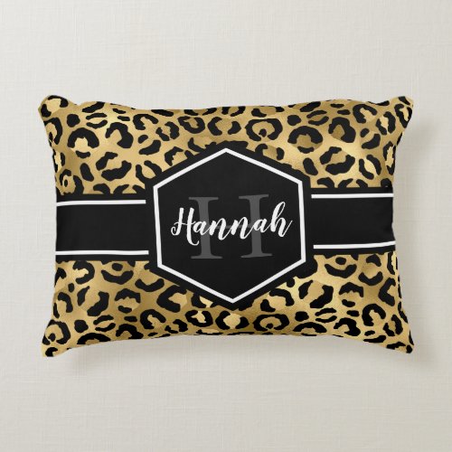 Gold Black Leopard Spots Monogram Accent Pillow