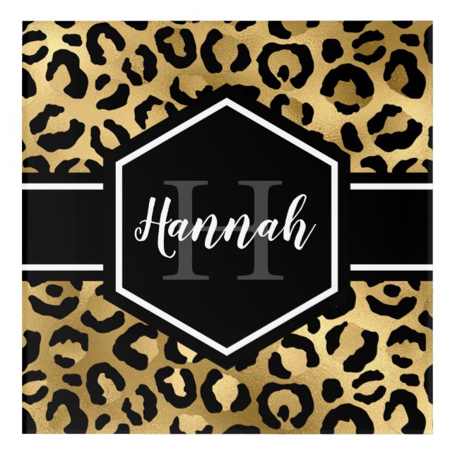 Gold Black Leopard Spots Monogram Acrylic Print (Front)