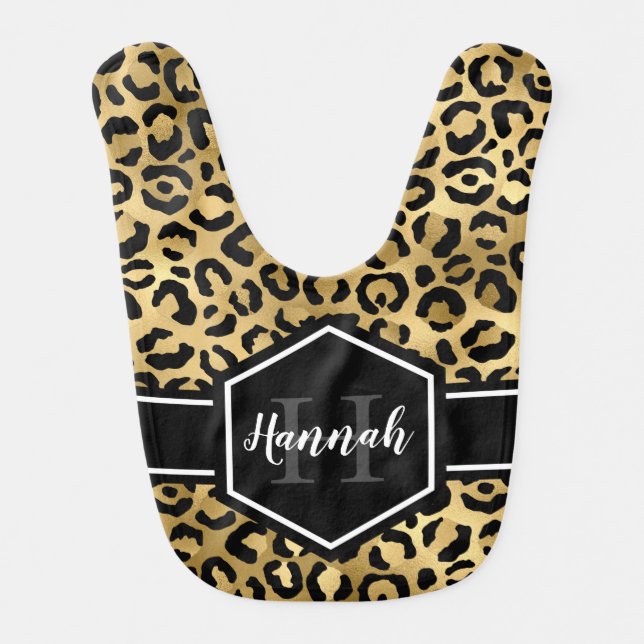 Gold Black Leopard Spots Monogram Baby Bib (Front)