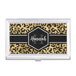 Gold Black Leopard Spots Monogram Business Card Case