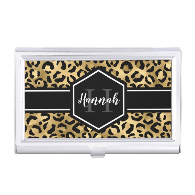 Gold Black Leopard Spots Monogram Business Card Case (Front)