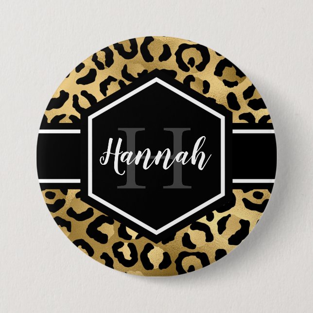 Gold Black Leopard Spots Monogram Button (Front)