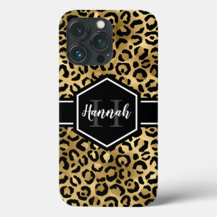 Gold Black Leopard Spots Monogram iPhone 13 Pro Case