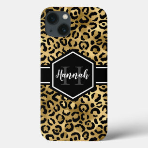 Gold Black Leopard Spots Monogram iPhone 13 Case