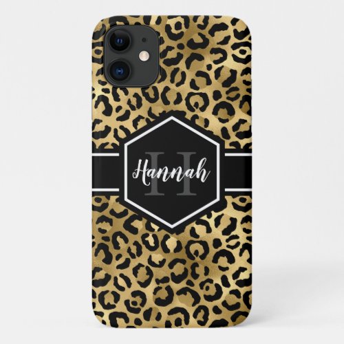 Gold Black Leopard Spots Monogram iPhone 11 Case