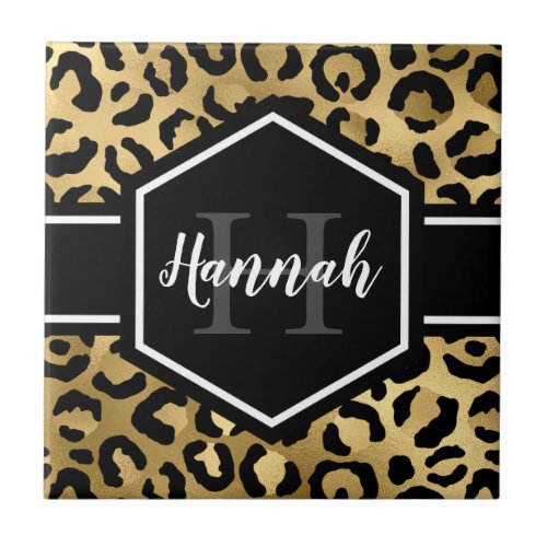 Gold Black Leopard Spots Monogram Ceramic Tile