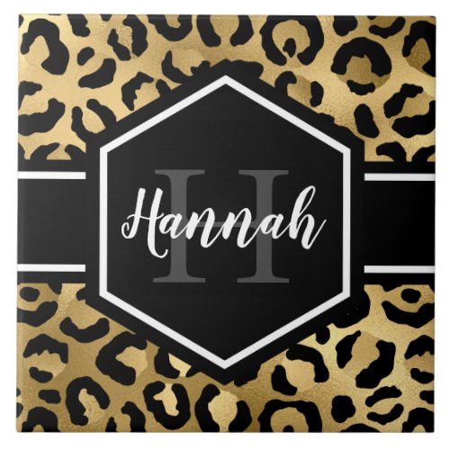 Gold Black Leopard Spots Monogram Ceramic Tile