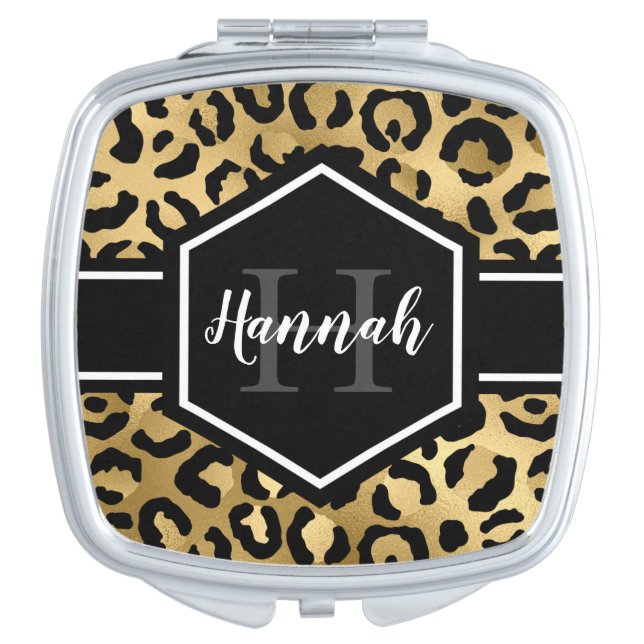Gold Black Leopard Spots Monogram Compact Mirror (Front)